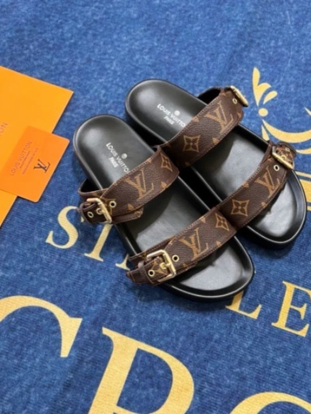 Louis Vuitton Brown Monogram Double-Strap Slide Sandals with Gold Buckles